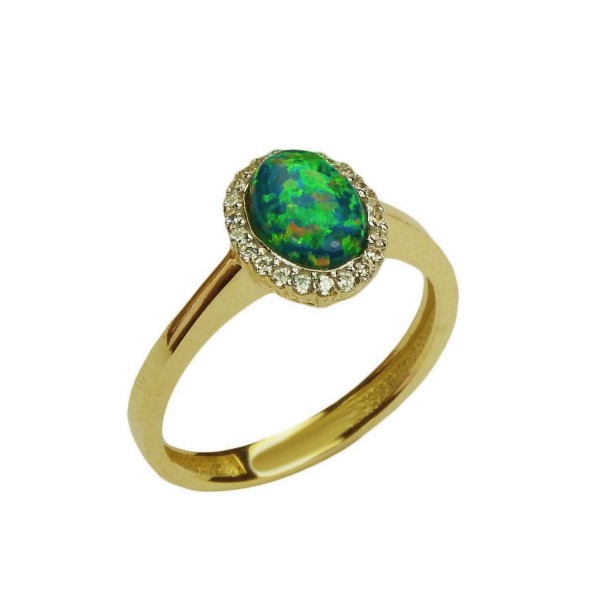 Damenring Gold 585/000 mit Opal-Cabochon (synthetisch) und Zirkonia Opalring